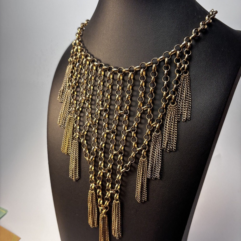 Bib Necklace Gold Tone Draped Chain Tassel Statement Boho Fringe Jewelry - Picture 7 of 9